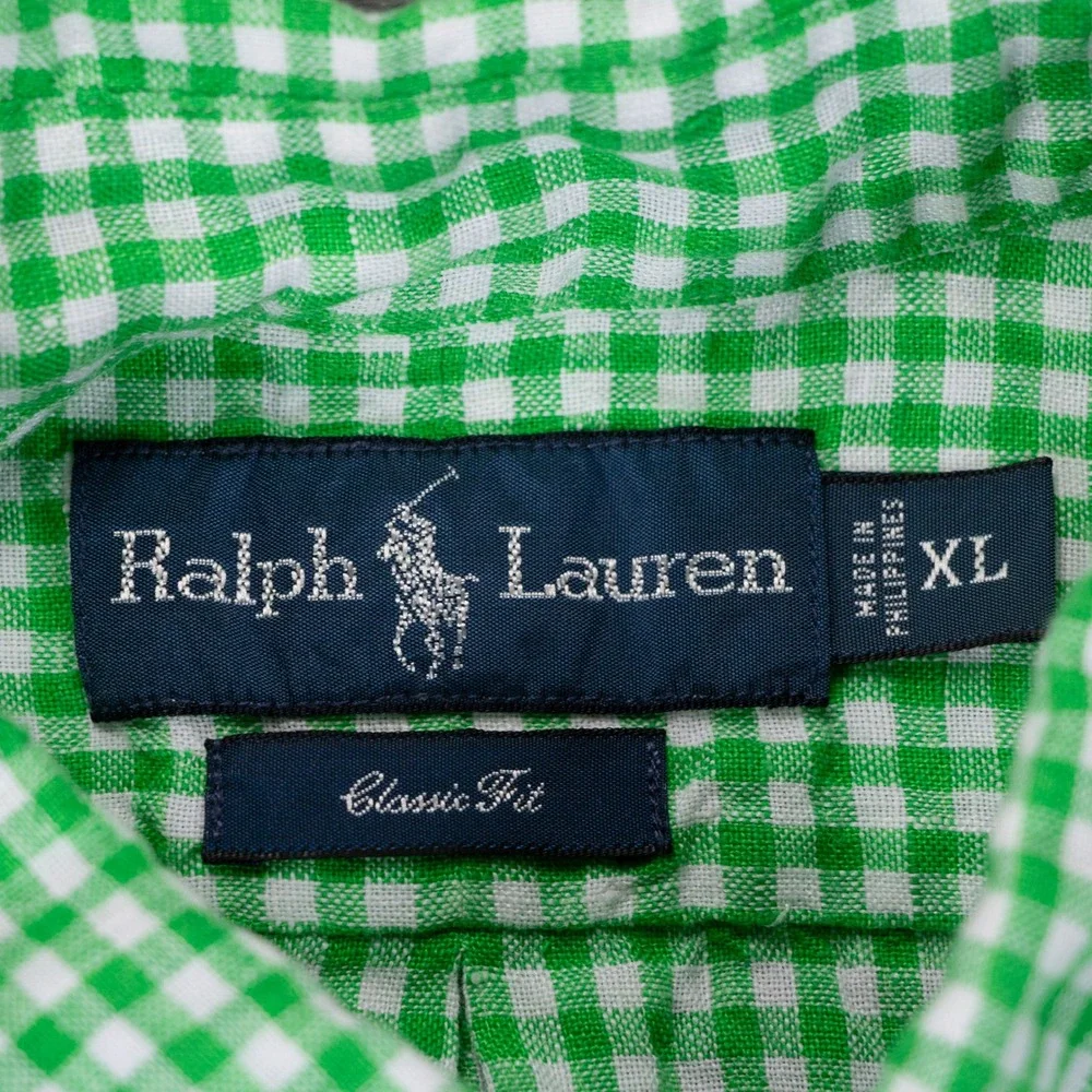 Vintage Polo Ralph Lauren Mens XL Green Gingham Classic Fit 100% Linen SS Shirt